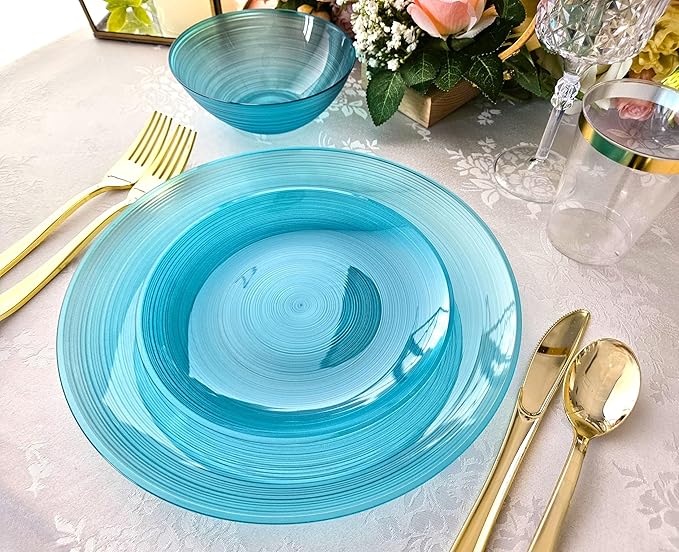 OCCASIONS 50 Plates Pack (25 Guests) Aqua Blue Disposable Plastic Plates for Party Wedding - 25 x 10" Dinner + 25 x 7" Salad Dessert Plates Premium Vintage Design - Belize in Aqua