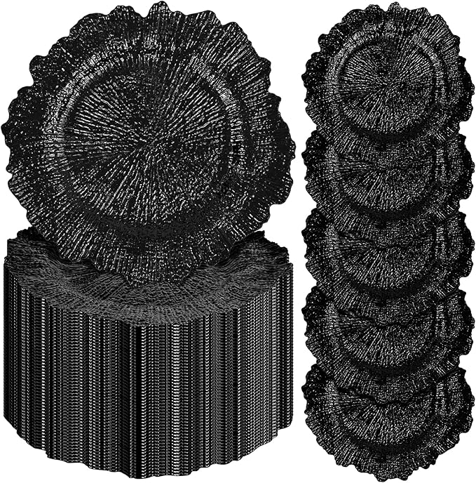 50Pcs Black Charger Plates Round 13inch, Reef Plate Chargers for Dinner, Bulk Plastic Floral Table Charger Plates for Dinner Wedding Party Event Table Setting Decoration(Black)