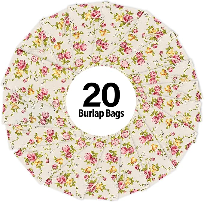 Mandala Crafts 10X12 Inch Rose Burlap Drawstring Gift Bags for Favors - 20 Large Floral Linen Sacks Gift Pouches for Candy, Coffee, Jewelry, Wedding, and Party Supplies