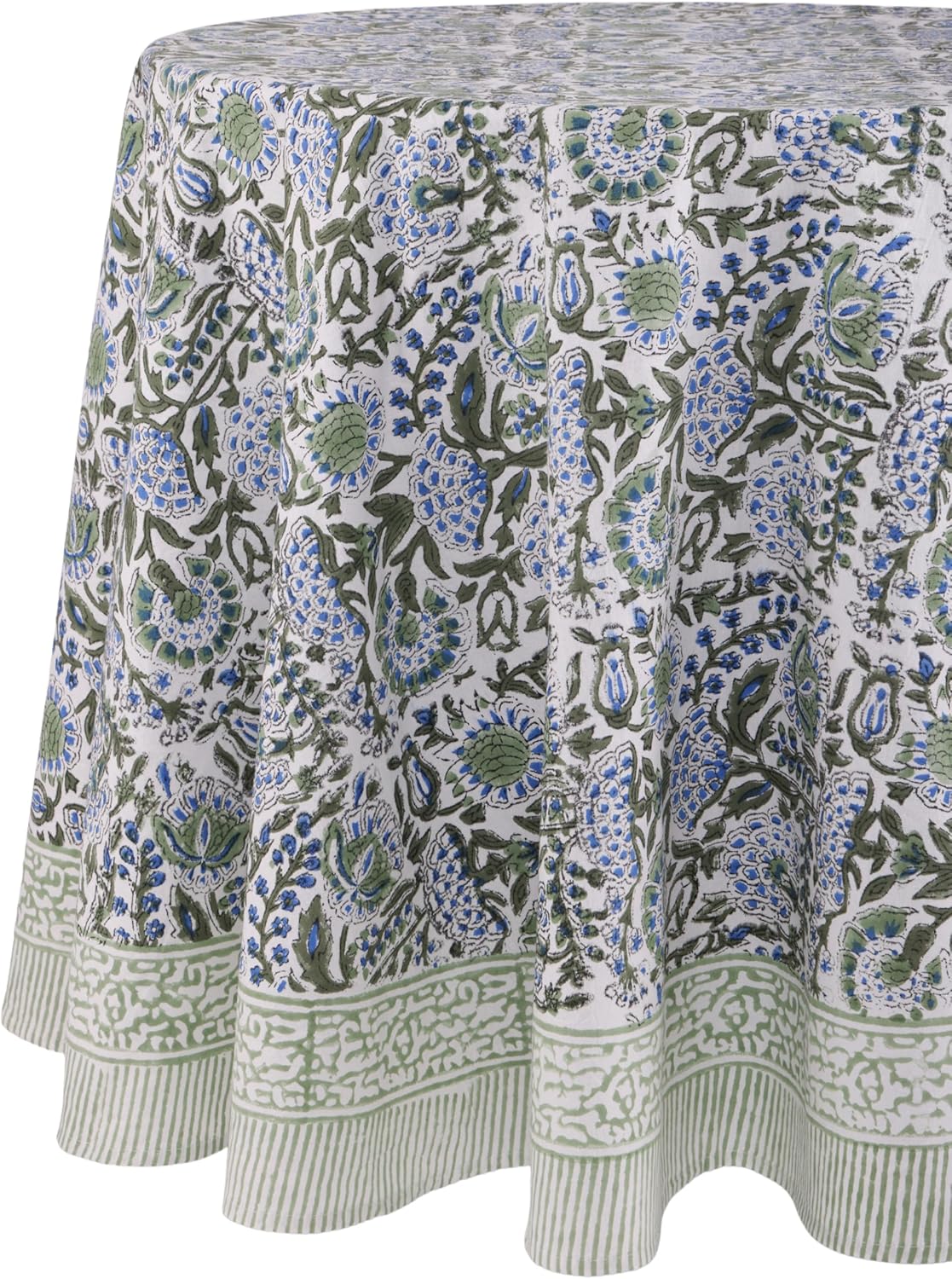 ATOSII Clover Blue 100% Cotton Round Boho Fall Tablecloth, Handblock Floral Table Cloth Linen for Kitchen Dining I Parties Wedding Outdoors Christmas Thanksgiving I Fall Home Decor 72" Inches Round