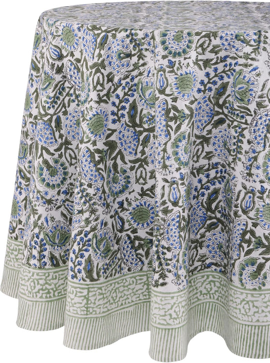 ATOSII Clover Blue 100% Cotton Round Boho Fall Tablecloth, Handblock Floral Table Cloth Linen for Kitchen Dining I Parties Wedding Outdoors Christmas Thanksgiving I 60" Inches Round I 4 Seater