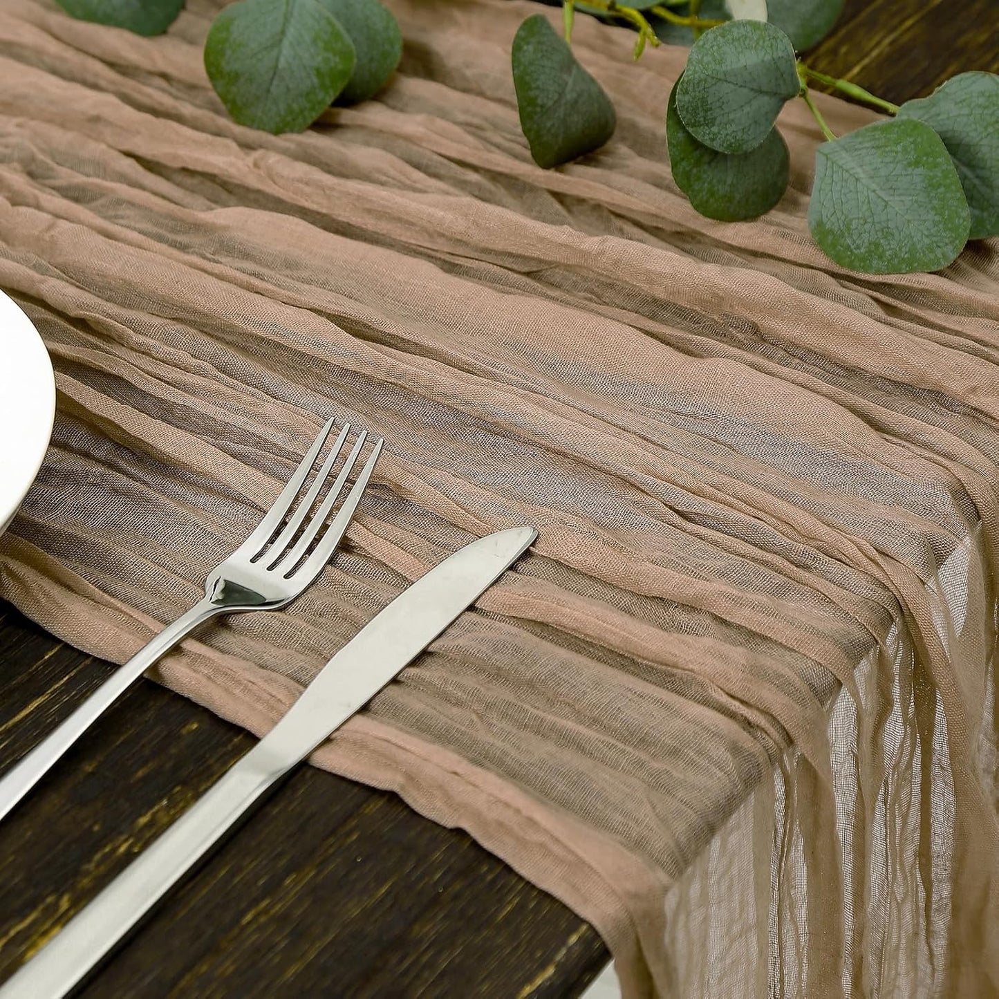 DOLOPL Brown Cheesecloth Table Runner 13.3ft Boho Gauze Cheese Cloth Table Runner Rustic Sheer Runner 160inch Long for Wedding Bridal Baby Shower Birthday Party Cake Table Decorations