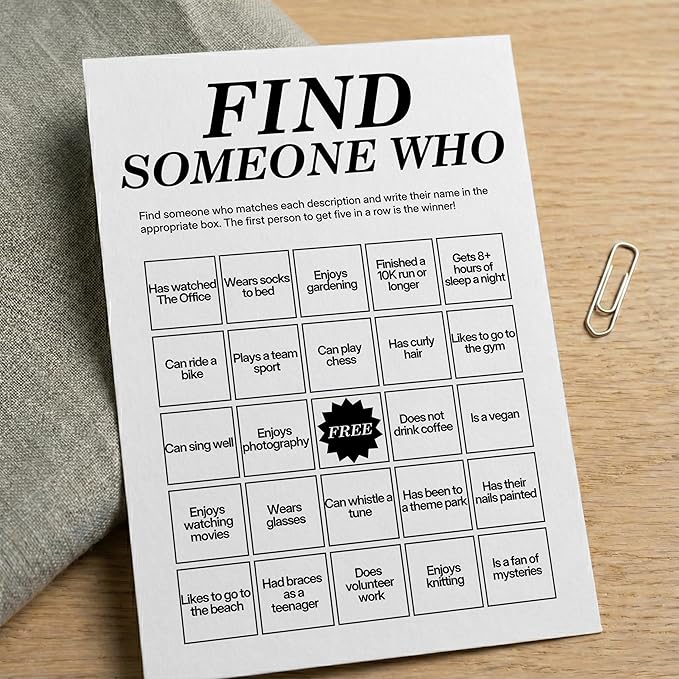 Sahjzk Office Bingo Cards, 25 Unique Randomized 5x7 Sheets, Get to Know You Bingo Game for Adults, Ice Breaker Office Party Games, Team Building Games for Work, High Replay Value - B004