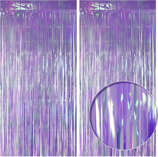 2 Pack Purple Iridescent Streamers Backdrop, 3.3x6.6ft Foil Fringe Curtains Lavender Holographic Door Tinsel Streamers for Birthday, Wedding, Holiday, Bachelorette, Theme Party Decorations