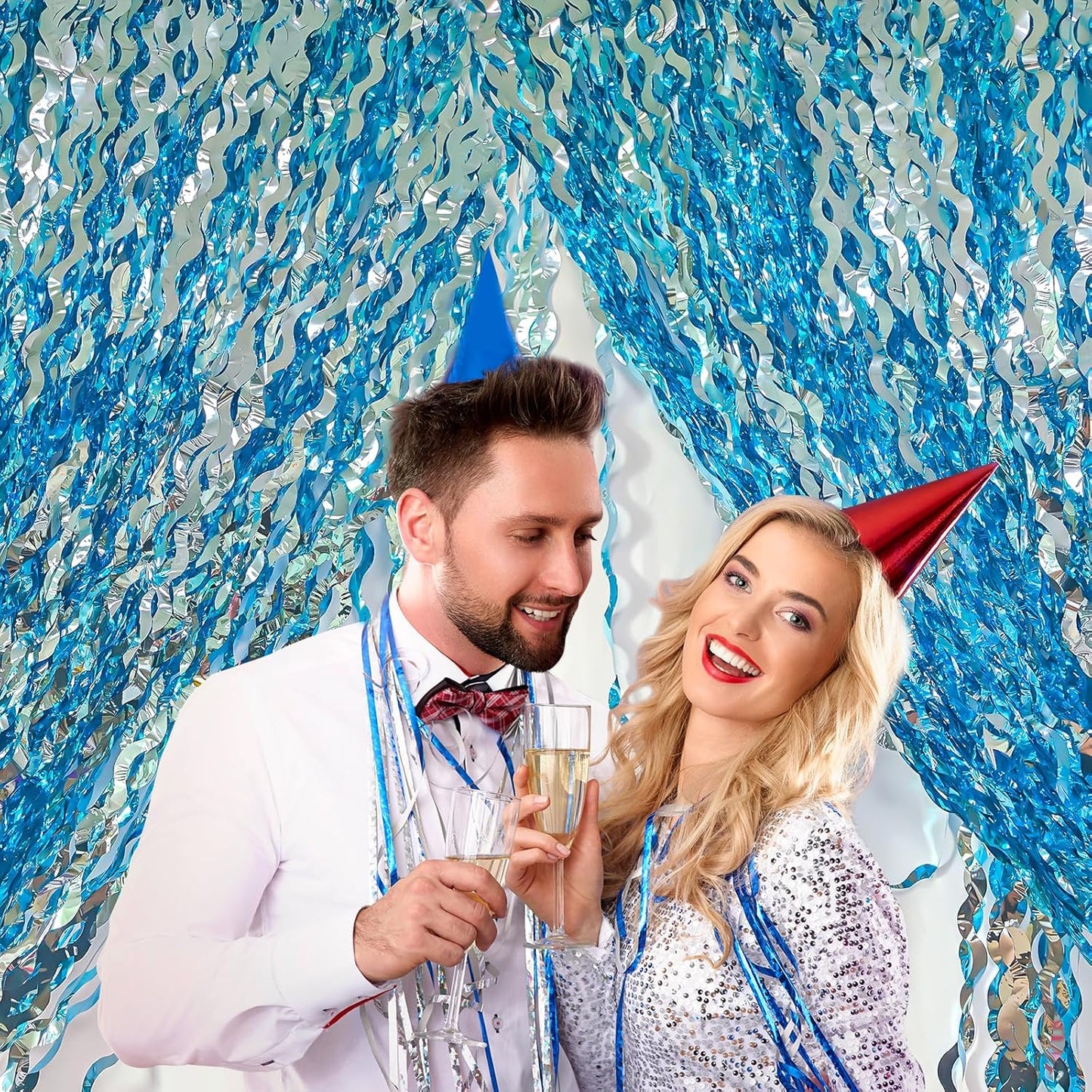 ADLKGG 6 Pack Blue Wavy Foil Fringe Curtain, Streamers Water Beach Backdrop for Ocean Backdrop | Under The Sea Party Decorations | Summer Pool Party Decorations, 3.3x6.6 Feet