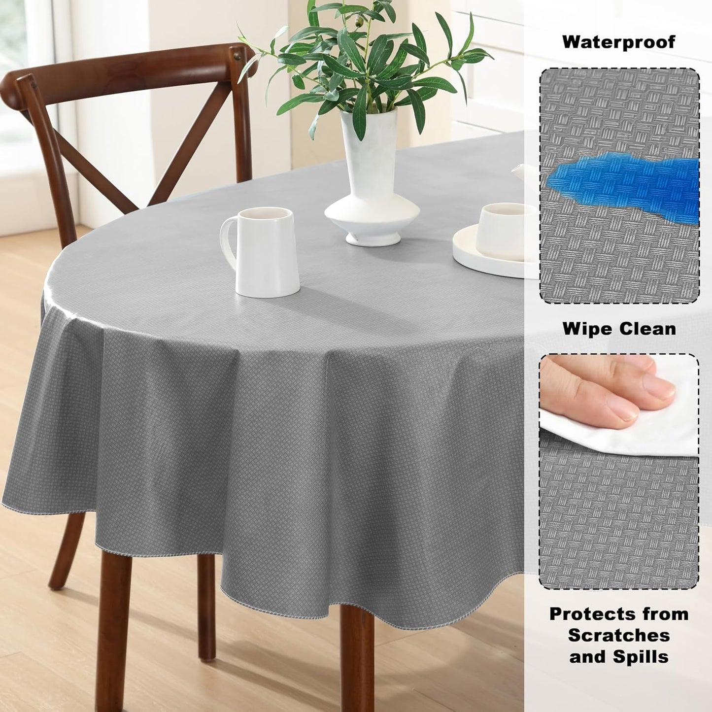 Newbridge Basketweave Vinyl Flannel Backed Tablecloth, 60 x 84 Inch Oval, Grey, Basket Weave Textured Indoor Outdoor Waterproof Table Cover for Patio, Kitchen, Dining