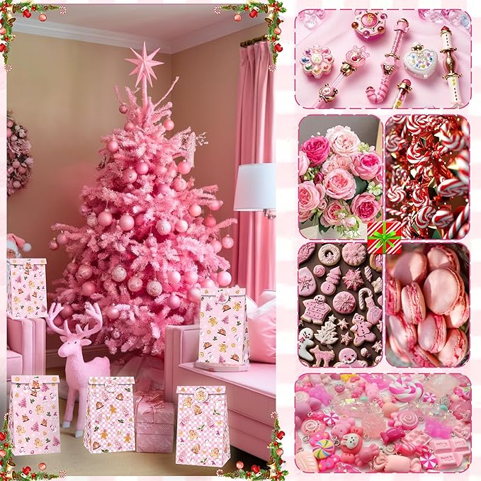 Inshinern 12 Pcs Pink Christmas Tree Party Favor Bags Small Christmas Gift Bags with Stickers Snowman Candy Cane Bag for Gingerbread Man Theme Birthday Baby Shower Decorations, Xmas Party Supplies