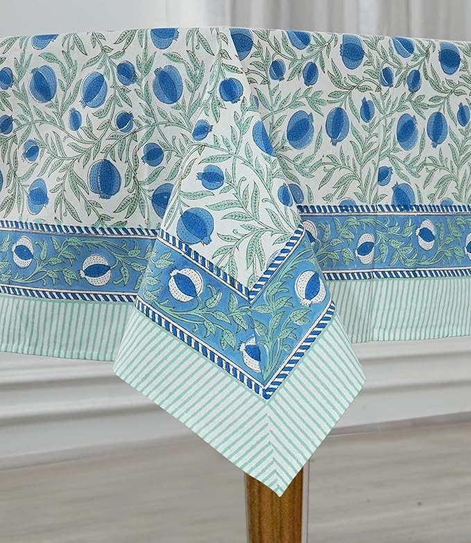 Ridhi Hand Block Print Queen Blue Rectangle Cotton Tablecloth 160" x 72" Reusable Table Cover Decorative Everyday Use for Dining, Farmhouse, Home Gift for Spring, Easter, Valentine