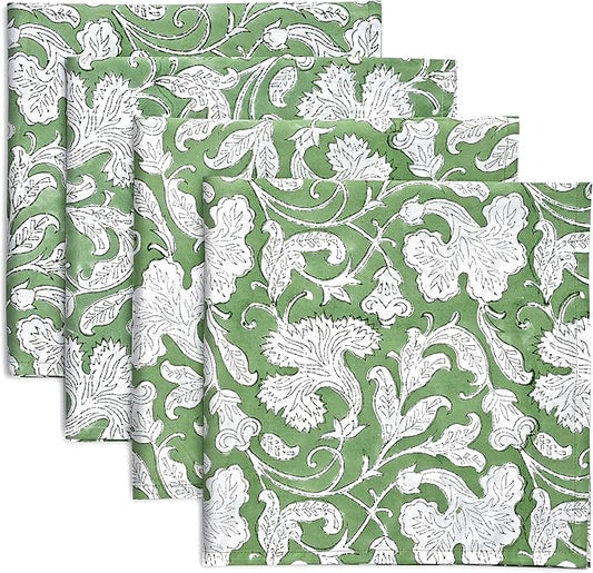 Ridhi Sage Green Hand Block Print 100% Cotton Napkins 18" x 18" (Set of 4) Reuseable Kitchen Napkins Cloth Decor Dinner Party Wedding Cocktail Gift for Spring, Easter, Valentine