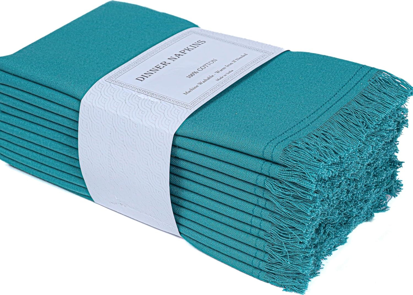 Bedding Craft Cotton Cloth Dinner Napkins Set of 12 – 18x18 Latigo Bay Teal with Fringed Corners – Reusable Machine Washable Fabric Napkins for Weddings, Baby Showers, Parties & Dining