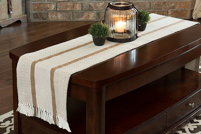 Sticky Toffee Cotton Table Runner, 14 x 72 Inch, Woven Farmhouse Boho Striped Table Décor for Kitchen or Dining, Tan Oeko-Tex Fabric