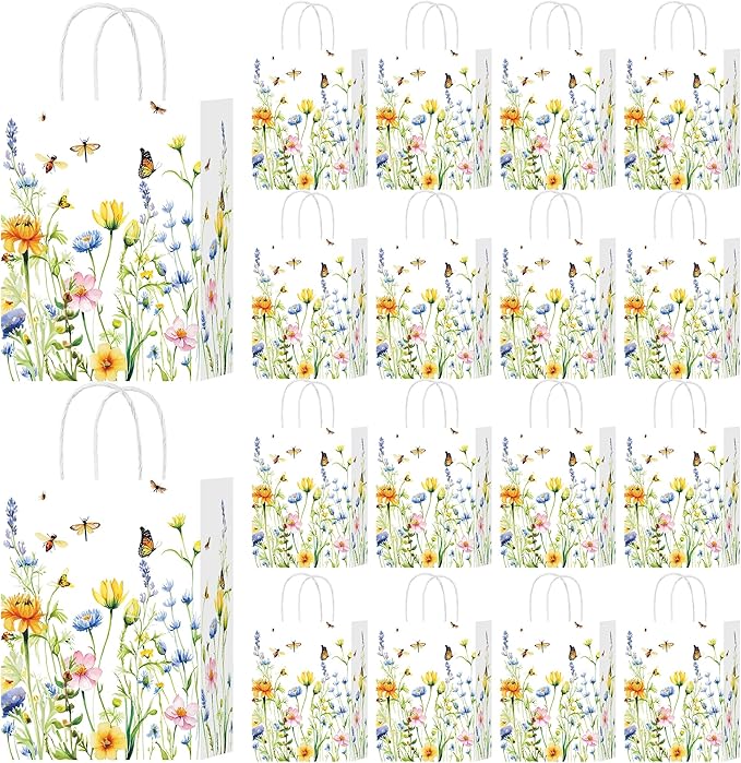 HongXingHai Wildflower Party Favor Bags 16Pack - Heavy-Duty Paper Gift Bags with Handles for Spring Garden Weddings, Bridal Showers, Birthday Tea Decorations