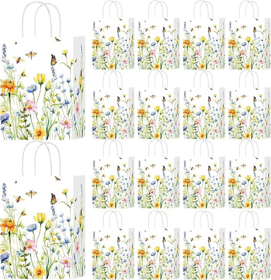 HongXingHai Wildflower Party Favor Bags 16Pack - Heavy-Duty Paper Gift Bags with Handles for Spring Garden Weddings, Bridal Showers, Birthday Tea Decorations