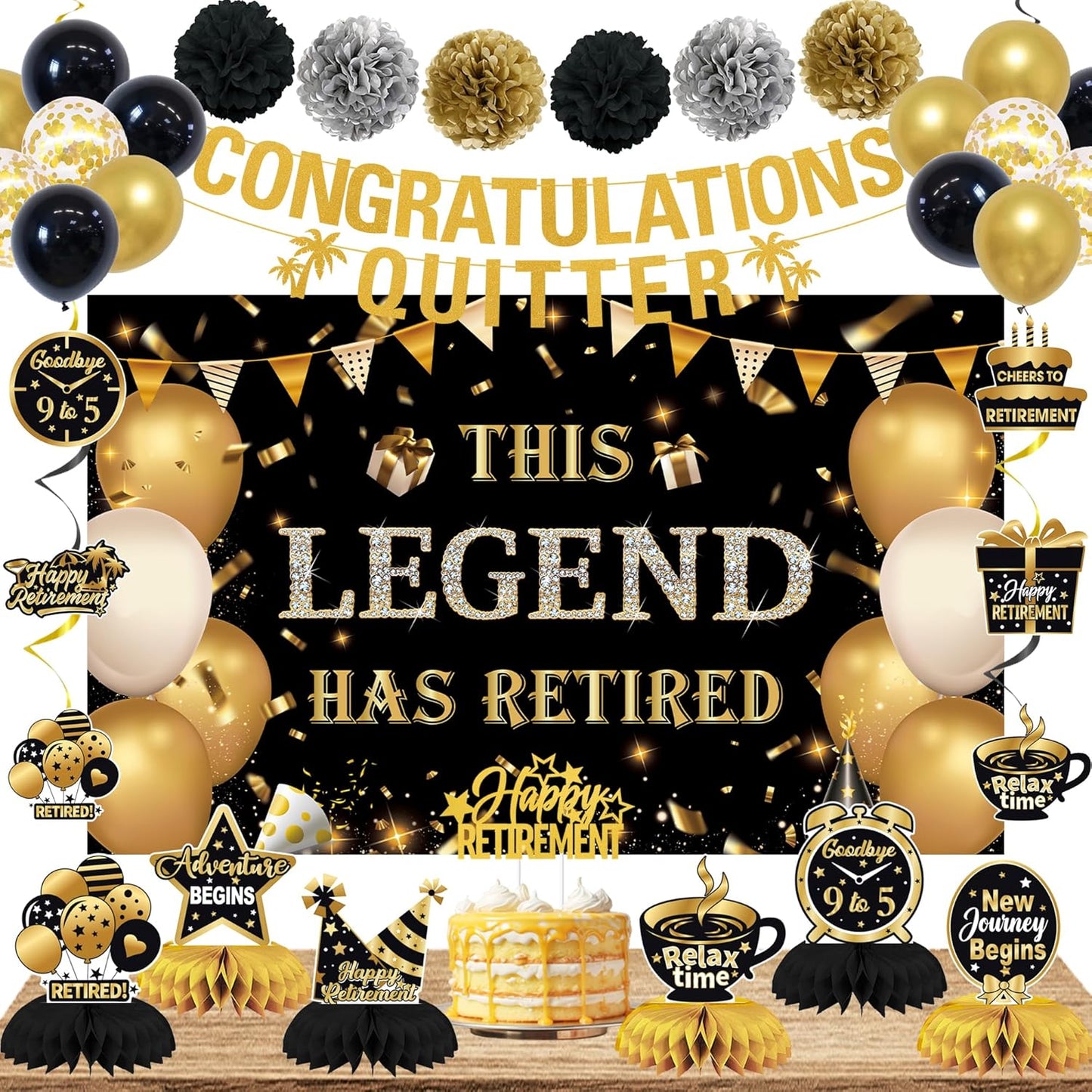 DARUNAXY Black Gold Retirement Party Decorations, This Legend Has Retired Banner Congratulations Quitter Hanging Swirl Honeycomb Confetti Balloons Black & Gold Tissue Paper Pom Poms & Cake Topper