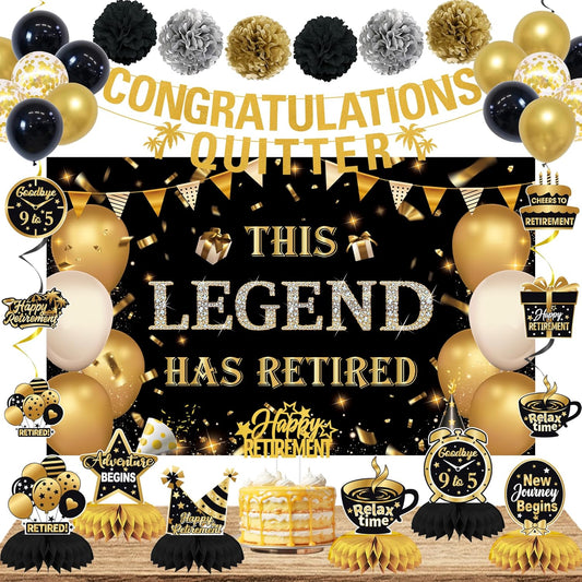 DARUNAXY Black Gold Retirement Party Decorations, This Legend Has Retired Banner Congratulations Quitter Hanging Swirl Honeycomb Confetti Balloons Black & Gold Tissue Paper Pom Poms & Cake Topper