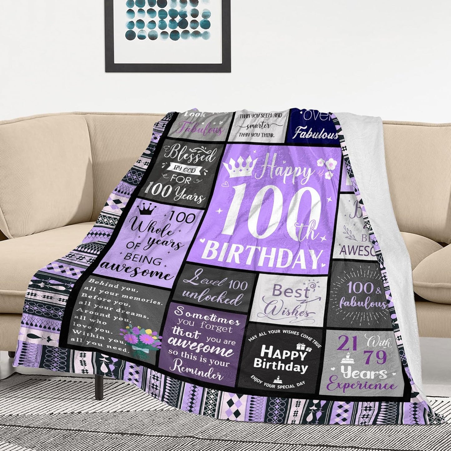 100th Birthday Gifts for Women Soft Purple Blanket 60"X50", Best Gifts for 100 Year Old Woman Decorations Party Supplies, Happy 100th Birthday Gift Ideas, 1925 Bday Present for Mom Grandma
