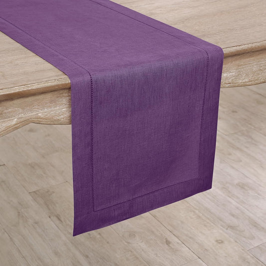 Solino Home Linen Purple Table Runner 156 Inches Long - 100% Pure Linen Extra Long Table Runner 14 x 156 Inch for Fall, Autumn, Halloween, Thanksgiving - Classic Hemstitch