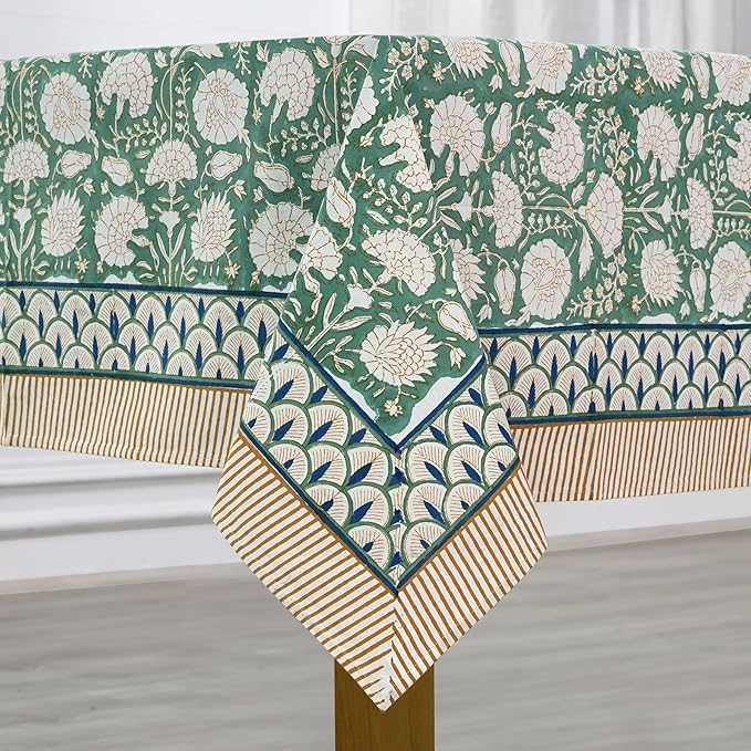 Ridhi Hand Block Print Turquoise Moss Green Rectangle Cotton Tablecloth 118" x 70" Reusable Table Cover Decorative Everyday Use for Dining, Farmhouse, Home Gift for Spring, Easter, Valentine