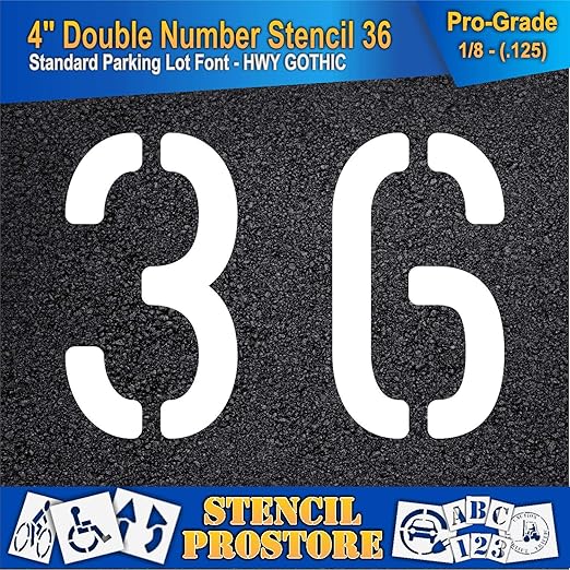 Pavement, Curb, and WheelStop Stencils - 4 inch Double Number Stencil - (36) - 4" x 5.5" x 1/8" (128 mil) - Pro-Grade