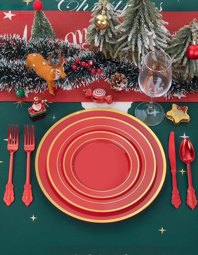 WDF 25PCS Red Plastic Charger Plates - 12inch Red and Gold Chargers for Dinner - Disposable Charge Plates - Perfect for Wedding Baby Shower Spring Birthday Elegant Tabletop Decor