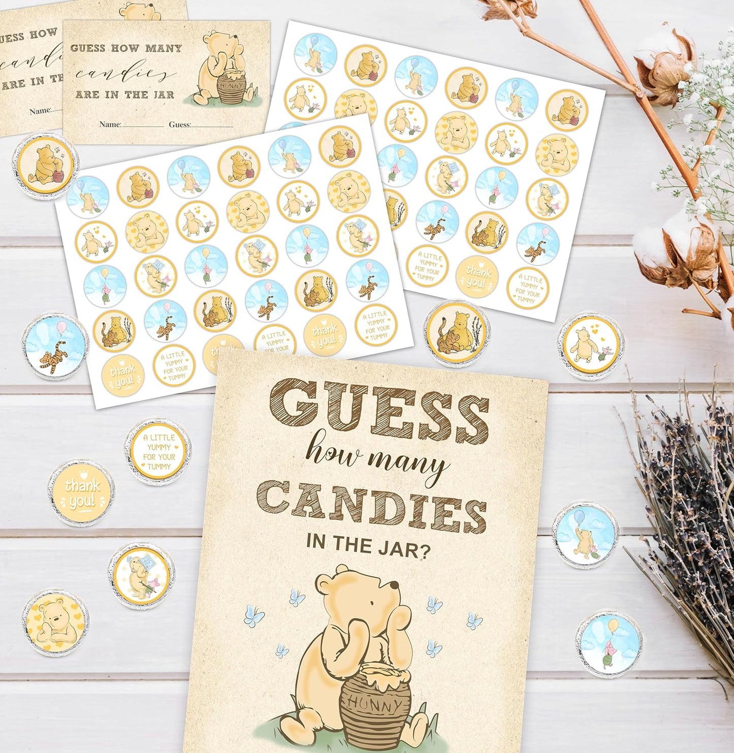 Winnie the Pooh Baby Shower Games - Guess How Many Candies Standing Sign, 50 Guessing Cards, 180 Stickers