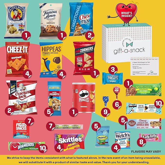 Gift A Snack - Halloween Trick or Treats Snack Box Variety Pack Care Package + Greeting Card (100 Count) Birthday Sweet Treats Gift Basket, Candies Chips Crackers Bars, Office Food Assortments