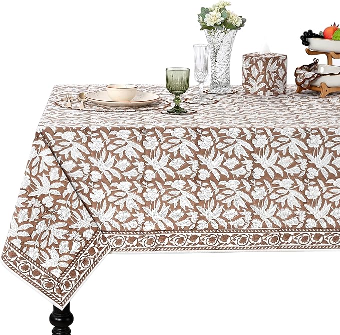 Ridhi Hand Block Print Oak Brown Rectangle Cotton Tablecloth 120" x 80" Reusable Table Cover Decorative Everyday Use for Dining, Farmhouse, Home Gift for Spring, Easter, Valentine