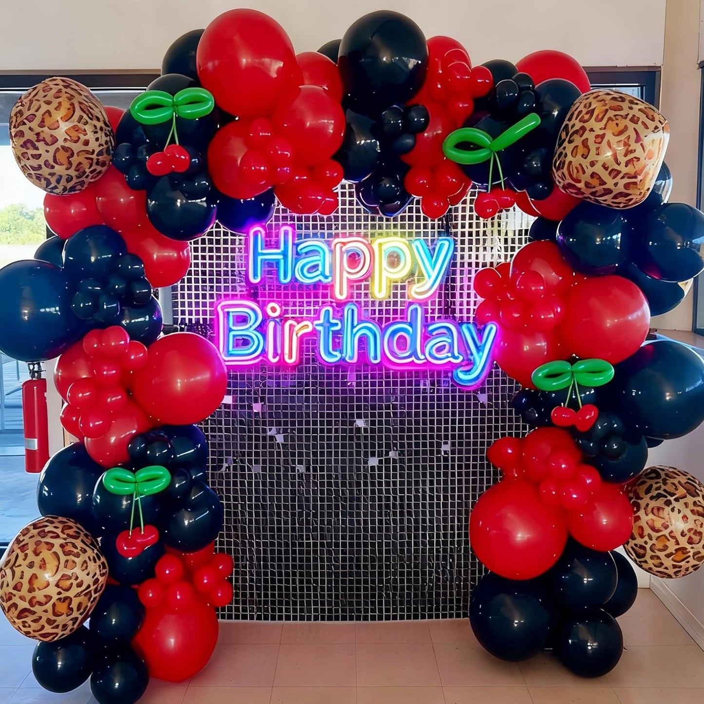 Red and Black Balloon Arch Kit with Cherry and Cheetah Print Foil Balloons, Cheetah and Cherry Birthday Decorations for Women, Red Leopard Party Decor, Baby Shower Bachelorette Girls Night Decorations