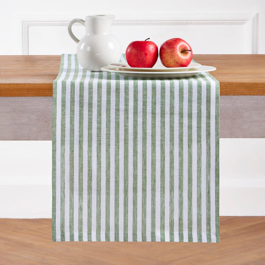 Solino Home Striped Linen Table Runner 60 Inches - Amalfi Stripe, 100% Pure Linen Green and White Small Table Runner 14 x 60 Inch Ideal for Dresser and Coffee Tables - Fall, Halloween, Christmas