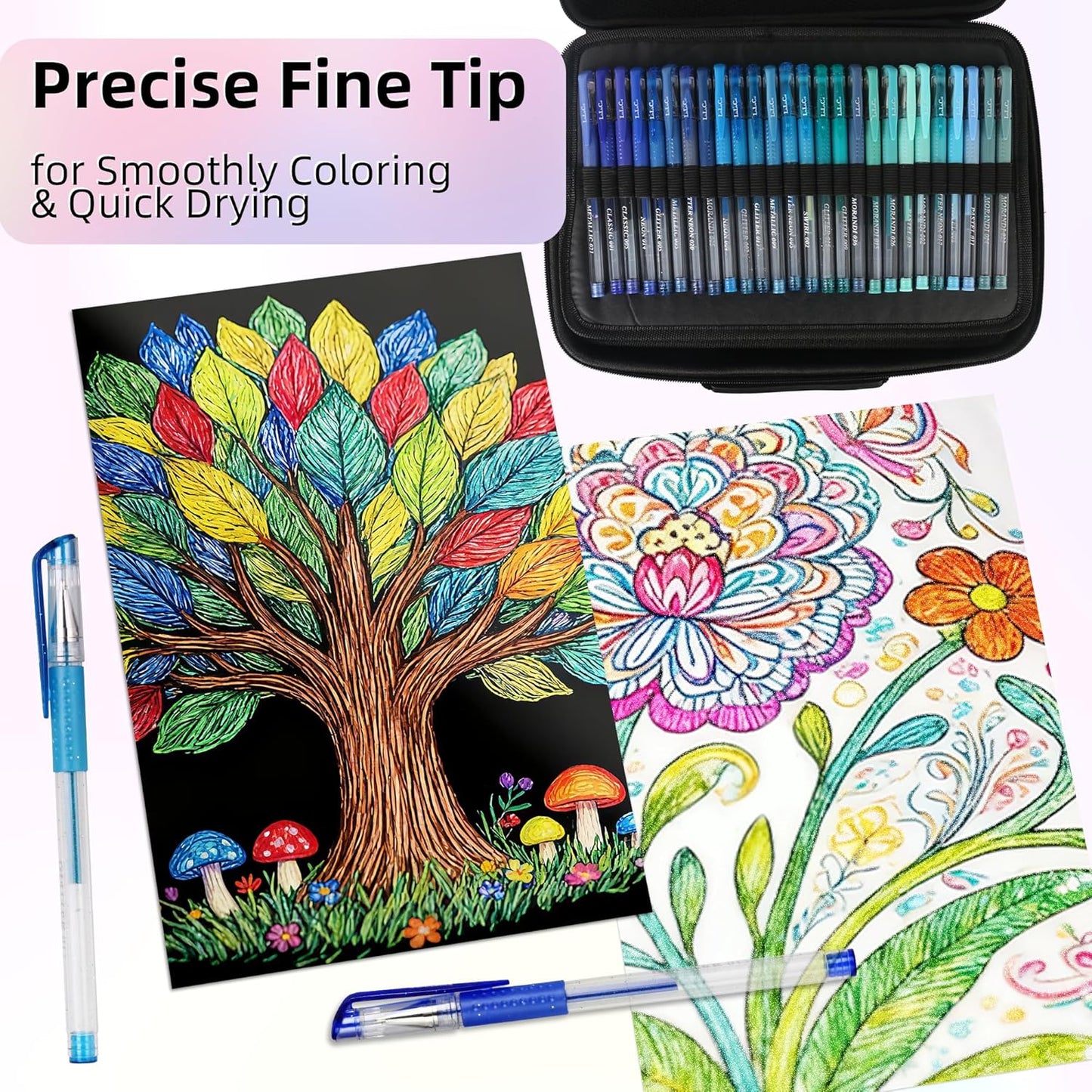 Gel Pens for Adult Coloring Book, 312 Pack Artist Colored Pens with 40% More Ink, Glitter Gel Pens with Case and Coloring Book, Perfect Art Supplies for Adults Kids for Coloring