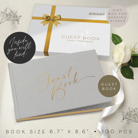 ARTESORI Wedding Guest Book for Reception — Gold-Foiled Guestbook to Sign in, Elegant Baby Shower Guest Book for Party & Birthday — Photo & Polaroid Guest Book for Wedding & Bridal Shower (Grey)