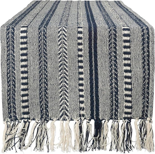 DII Farmhouse Braided Stripe Table Runner Collection, 15x72 (15x77, Fringe Included), Navy Blue
