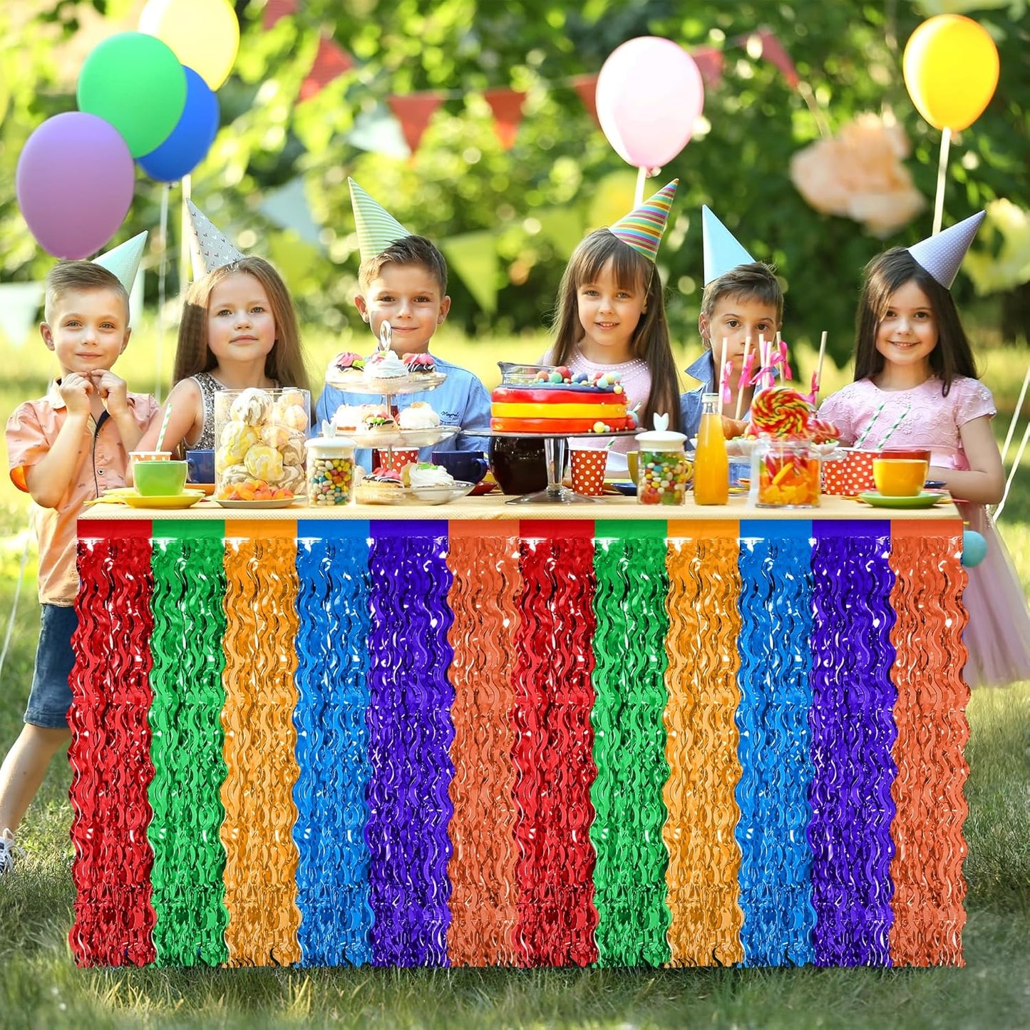 Day of the Dead Table Decorations, 2 Pack Dia De Los Muertos Fiesta Desk Skirts Supplies, Mexican Theme Metallic Wavy Tinsel Foil Fringe Table Skirts, Rainbow Skirts for Mexico Day of The Dead Decor