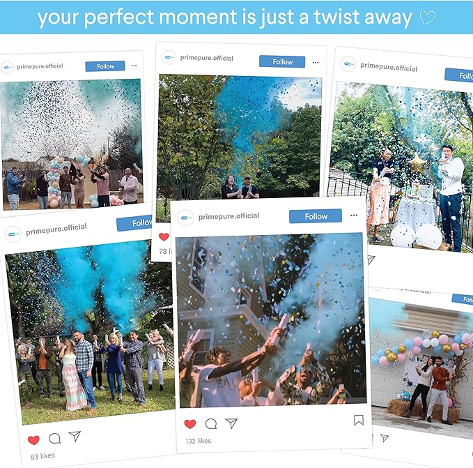 PrimePure Gender Reveal Confetti Cannon - Biodegradable Powder & Heart Shaped Confetti Poppers - Blue, 4 Pack - Baby Boy Gender Reveal Smoke Bombs - Powder Cannon Party Poppers Blue Party Supplies