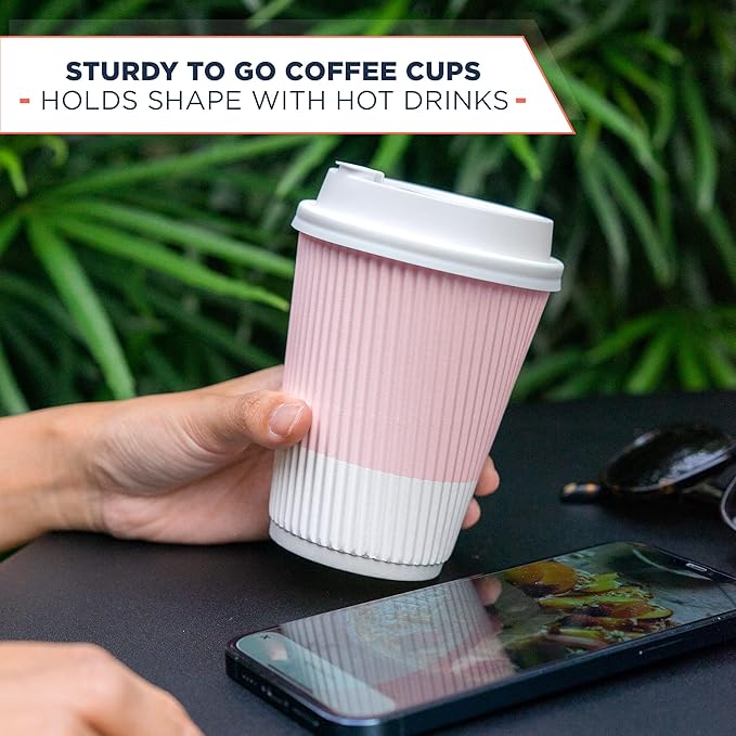 Disposable Coffee Cups With Lids - 12 oz To Go Coffee Cup With Lid (80 Set). Durable Togo Travel Paper Hot Cups Insulated For Hot and Cold Beverage Drinks, No Sleeves Needed (Assorted)