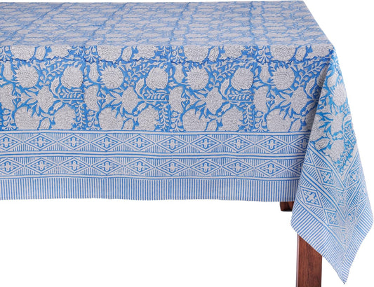 ATOSII Azora Blue 100% Cotton Rectangle Fall Tablecloth, Handblock Floral Print Linen Table Cloth for Kitchen Dining I Parties, Outdoors, Christmas, Thanksgiving I 72 X 108 Inches I 8 Seater