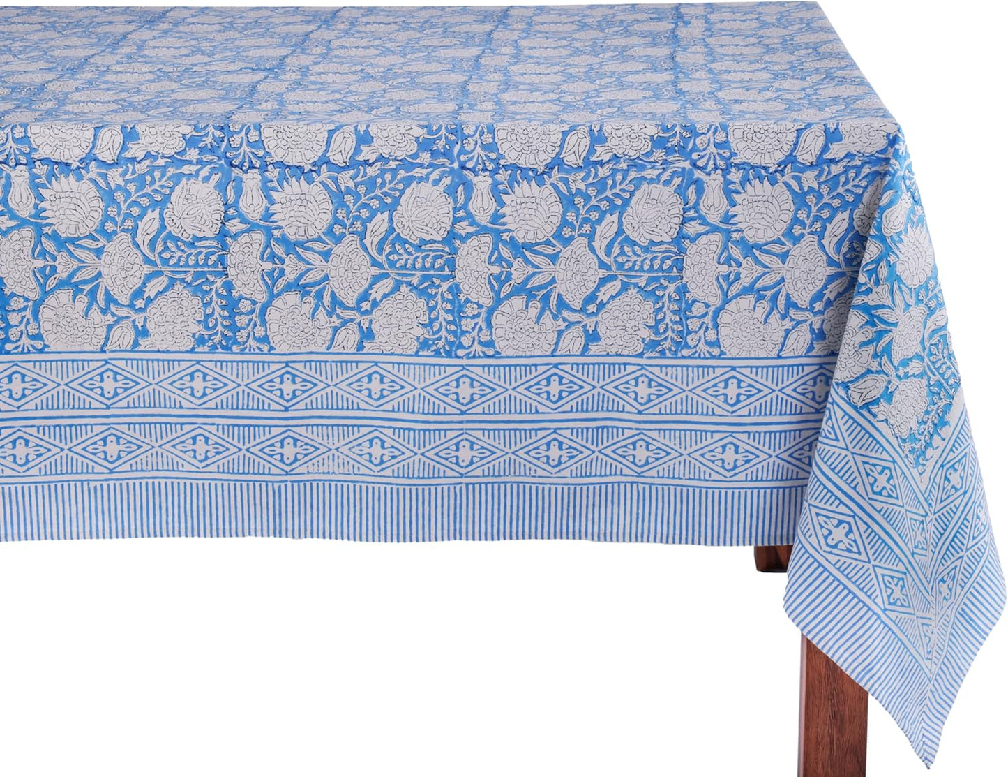 ATOSII Azora Blue 100% Cotton Rectangle Summer Tablecloth, Block Print Floral Table Cloth for Dining, Outdoors, Parties, Weddings I Grand Millenial Decor 60 X 90 Inches I 6 Seater I Memorial Day