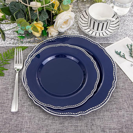 Hioasis 60pcs Blue Plastic Plates - Blue and Silver Disposable Dinnerware with Gold Rim, Heavy-duty, 10.25 inch, Dinner Plates for Party & Wedding