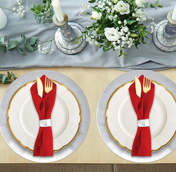 Gift Boutique 24 Pcs Silver Round Disposable Charger Plates 13" Heavy Duty Dinner Serving Tray Paper Cardboard Platters for Table Setting Place Mats