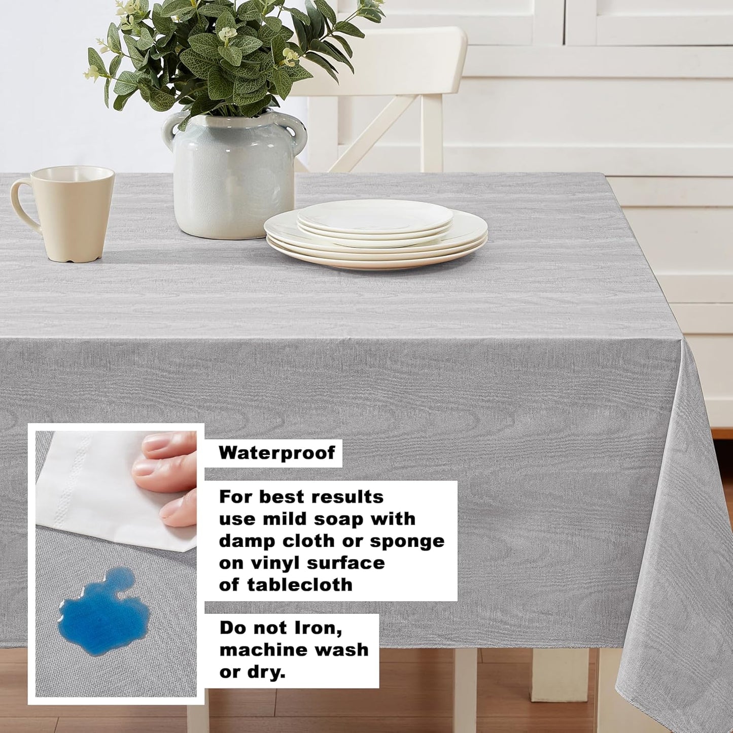 Newbridge Vinyl Flannel Backed Tablecloth, 60 x 84 Inch Rectangle, Grey Moire Wavy Solid Design, Heavyweight Indoor Outdoor Waterproof Table Cover, Easy Care Wipe Clean