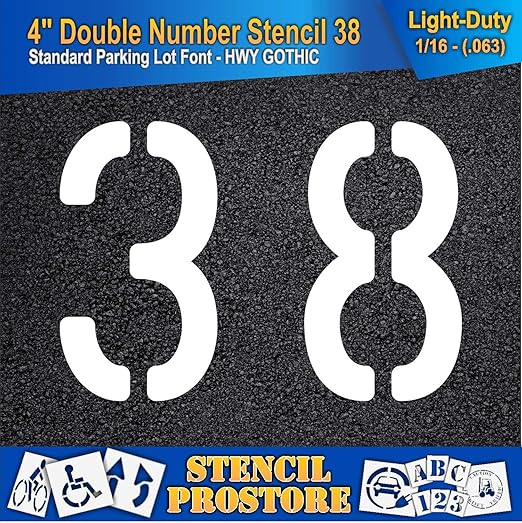 Pavement, Curb, and WheelStop Stencils - 4 inch Double Number Stencil - (38) - 4" x 5.5" x 1/16" (63 mil) - Light-Duty