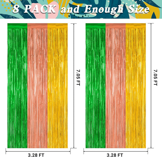 8 Pack Hawaiian Party Decorations, 3.28 FT x 7.05 FT Luau Party Decorations, Green Brown Yellow Backdrop Fringe Curtains Foil Streamer, Metallic Summer Decor Photo Booth Props
