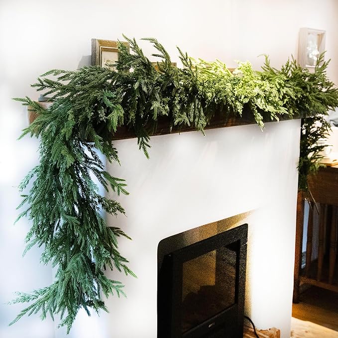 9ft Handmade Christmas Garland,Artificial Norfolk Pine Needles Greenery Seasonal Garland for Christmas Firepalce Winter Holiday Indoor Outdoor Decoration