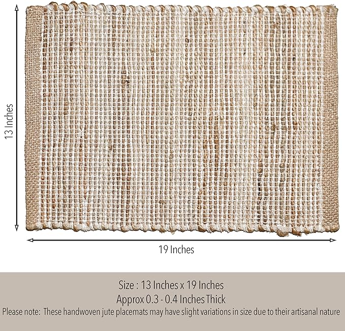 Chardin Home Natural Jute and Ivory Placemats, Set of 4 – Rustic Handmade Boho Table Mats, 13x19 Inch Dining Table Placemats for Kitchen, Everyday Meals, Holidays, Farmhouse or Modern Table Décor
