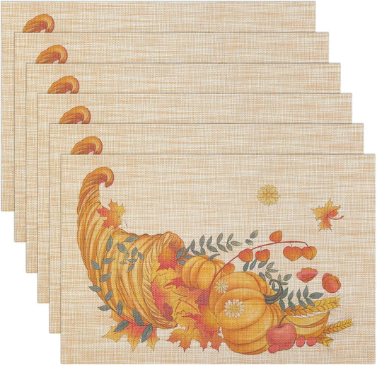 Thanksgiving Placemats Set of 6 Fall Place Mats Pumpkin Maple Leaves Table Mats Washable Non-Slip Heatproof Woven Placemats for Dining Table (17.7" X 11.8")