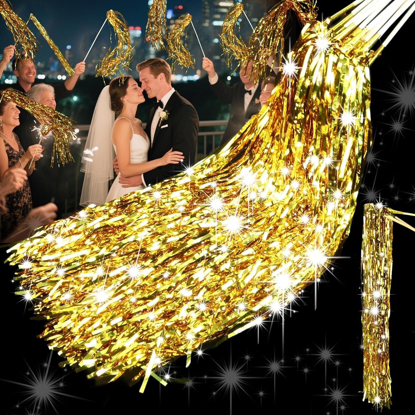 30PCS LED Tinsel Wands,Gold Lighted Wedding Wands Streamers,Light Up Sticks Sparklers for Wedding Send Off and Exits,Birthday Party Favors,Baby Shower,July 4th