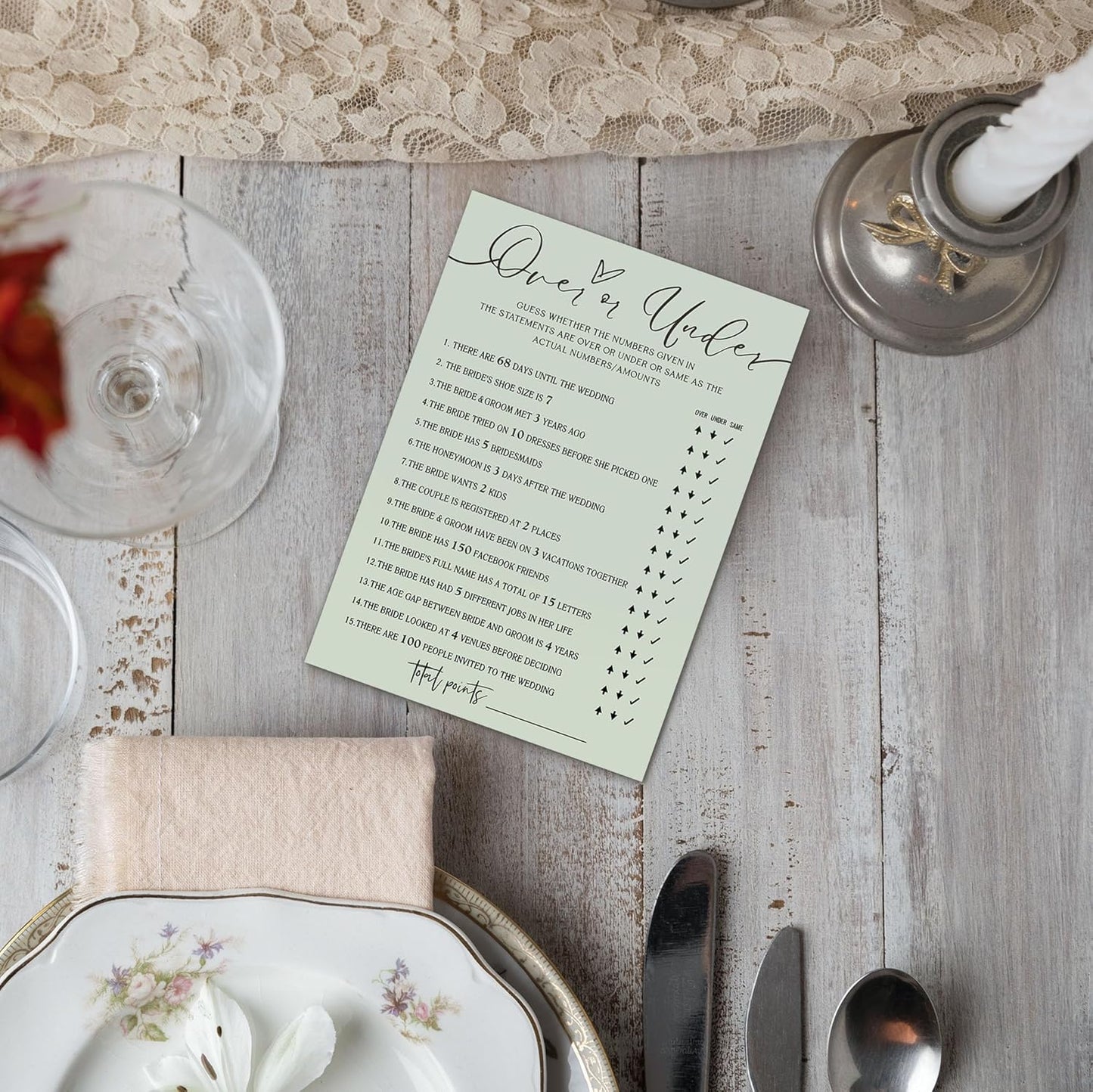 Bridal Shower Games, Over or Under, 25Pcs Minimalist Sage Green Bridal Game Cards, Wedding Shower Games for Guests, Engagement Bachelorette Party Supplies