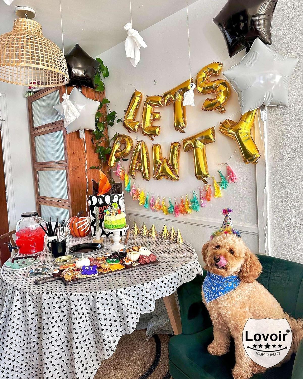 9 Pcs Lets Pawty Balloons Banner 16 Inch, Dog Cat Pet Birthday Letters Sign Lets Pawty Balloons Happy Birthday Banner for Pet Dog Cat Party Supplies Decorations (Gold)