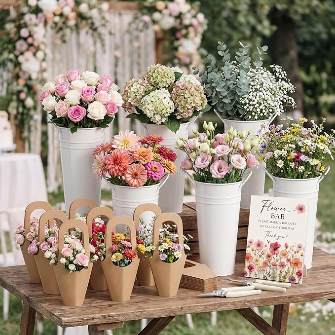 LEIFIDE 39 Pcs Flower Bar Buckets Set Kit Bloom Bar Supplies Include Wood Sign Gift Bags Iron Bucket Garden Flower Shears for Valentine Days Wedding Bridal Shower Table Centerpieces (Light Beige)
