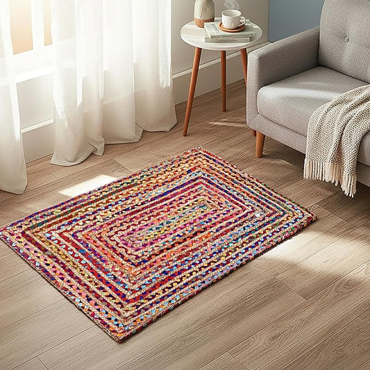 Ramanta Home Jute Chindi Braided Rug Boho 24x36 Inch Natural Multi Farmhouse Burlap Small Patio Rugs Ideal for Bedroom, Living Room, Entrance, Indoor| Bohomeain Acent Carpet Door Mat for Home Decor